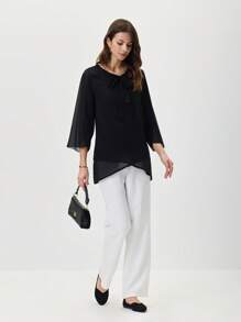 Miaspire Women's Solid Color V-Neck Batwing Sleeve Simple Blouse, For Casual Daily Wear - Black - View 5
