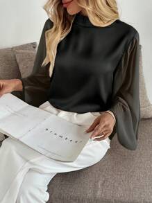 Uhlyne Fall Women Clothes Women's Elegant Minimalist Lantern Sleeve Fashion Blouse - Black - View 6