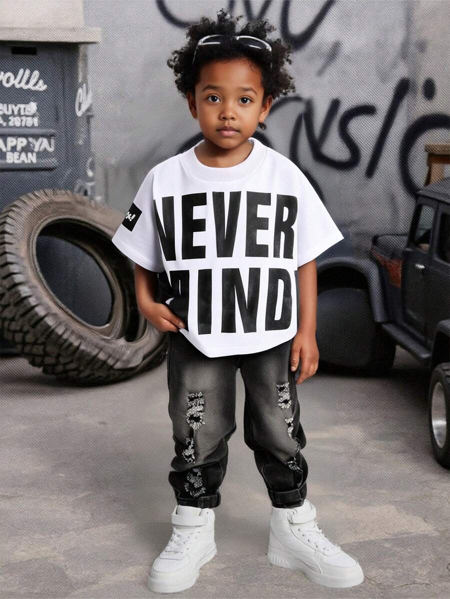 2pcs/Set Boys Letter Print Short Sleeve Top And Distressed Denim Jeans Outfit - Grey - View 1