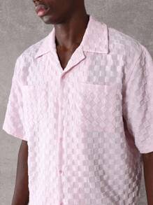 SUMWON Designer Boxy Fit Textured Summer Shirt Cuban Collar Classic Checkerboard Pattern Casual Resort Vacation Button Down Holiday Wear Short Sleeve - Pink - View 5