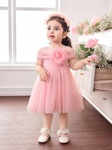 Babygirl 夏季可爱优雅粉色花朵网眼连衣裙 - 黑色 - 查看 3