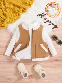 SHEIN 男婴无袖厚背心，带保暖内衬和彩色设计 - 棕色 - 查看 1