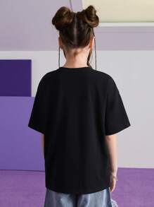 HELLO KITTY AND FRIENDS | SHEIN 青少年女孩卡通图案黑色休闲百搭短袖 T 恤 - 黑色 - 查看 2