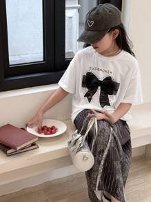 DAZY Tween Girl Round Neck Knit Printed Short Sleeve T-Shirt, Summer, Back To School Clothes - White - View 4