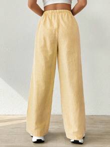 SHEIN EZwear 女士条纹亚麻低腰裤，简约时尚，适合夏季 - 黃色 - 查看 2