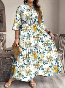 SHEIN LUNE Plus Size Elegant Floral Print Casual Dress, Suitable For Spring/Autumn,Beach Dress Sundress,Holiday Outfits Boho - Multicolor - View 3