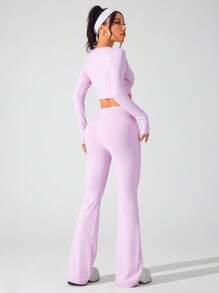 SHEIN Sovereign Charm Women Minimalist Solid Color Cropped Top And Flared Pants Sports Suit - Pink - View 2