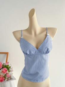 Elamini 蓝白条纹 V 领收腰蝴蝶结荷叶边吊带背心，女士休闲甜美假日旅行日常装，春夏 - 藍色 - 查看 5