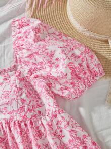 Teens' Girl Tiered Puff Sleeve Button Down Shirt With Printed Pattern
