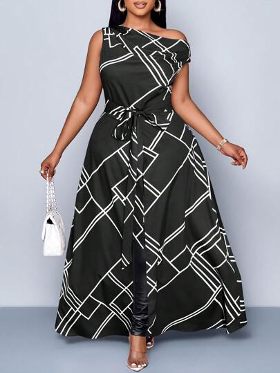 SOLERSUN Plus Size Women's Fashion Printed Off-Shoulder Bowknot Long Slit Shirt