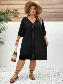 SHEIN CURVE+ Đầm che tay cánh dơi phối ren Guipure cỡ lớn phong cách Boho Holiday - màu đen - Xem 5