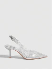 CUCCOO SZL 尖头系带高跟凉鞋，透明银色玻璃水钻装饰，正式晚间新娘婚礼派对鞋