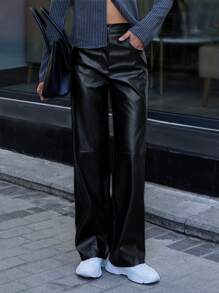 RueChic PU 皮革喇叭褲 - 黑色 - 查看 4