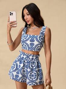 SHEIN PETITE 2件組女款花卉印花短版背心與短褲套裝，休閒度假風，夏季套裝，適合嬌小女性 - 藍白色 - 查看 7