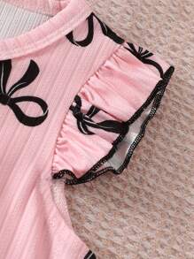 6pcs/Set Young Girl Elegant Simple Ribbed Bow Ribbon Print Pattern Cap Sleeve Top And Long Pants Casual Homewear Outfit - Multicolor - View 6