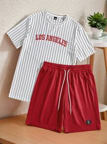 Manfinity Hypemode Men's Letter & Striped Print Round Neck Short Sleeve Casual T-Shirt And Drawstring Waist Shorts Set,Preppy Sporty Style: Striped T-Shirt Paired With Red Shorts.A Summer Minimalist Fashion Designer Essential, Crafted For Comfort In Soft Fabrics-Perfect For Vacations, Streetwear, And Casual Daily Wear. Designed With A Relaxed Fit, It's Ideal For Couples' Gatherings And Makes A Thoughtful Gift For Husbands, Boyfriends, Girlfriends, Or Dads. Versatile For Outdoor Travel, Wedding Parties, And Social Events, This INS-Ready Staple Is A Must-Have For Spring/Summer Gatherings. Blending Sophistication, Steadiness, And Timeless Wisdom Into Its Aesthetic, It's Tailored For Both Young Professionals And Established Individuals Seeking Refined Yet Effortless Style. - Multicolor - View 1