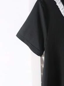 Girls' Casual Stylish School Style Short Sleeve Loose Mid-Length Colorblock Bow Decor Dress - Black - View 4