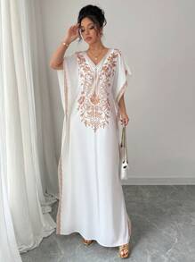 Calvaya Abito casual ed elegante da donna con scollo a V, maniche a pipistrello, orlo ampio, spacco, stampa floreale, senza elasticità, bianco, adatto per primavera ed estate