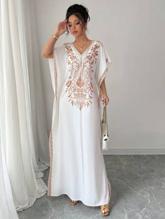 Rafferiza Damer Casual Elegant graciös V-ringad Batwing-ärm Lös nederkant Slits Blommönster Stretchfri vit klänning, vår och sommar