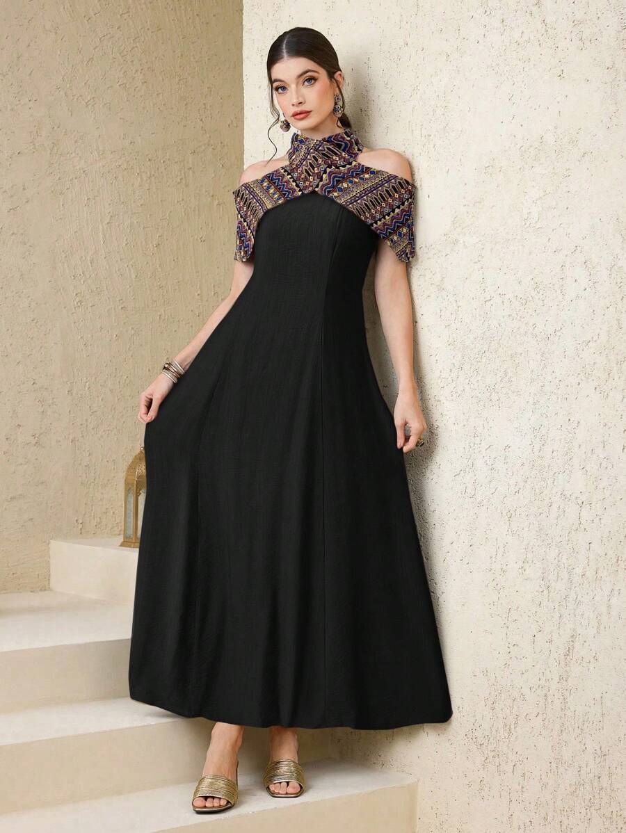 Al Najma Women's Elegant Contrast Color Off Shoulder A-Line Dress, Summer - Black - View 1