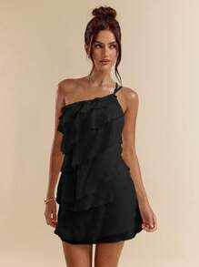 SHEIN BAE Váy ngắn lá sen xếp lớp màu mơ đơn sắc cho kỳ nghỉ hè trên bãi biển, phù hợp cho hẹn hò hàng ngày, đi chơi đêm, hộp đêm, tiệc tùng, tụ tập, tiệc cocktail, tiệc hồ bơi, quần áo mùa tựu trường, váy mùa đi học, váy ngày lễ, quần áo lễ hội âm nhạc, quần áo lễ hội nhạc đồng quê, quần áo hòa nhạc - màu đen - Xem 6