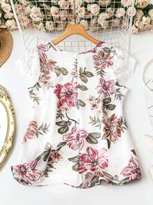 SHEIN LUNE 优雅通勤和度假风格休闲花卉拼布蕾丝边领短袖白色女衬衫，百搭，春夏秋季 - 白色 - 查看 2