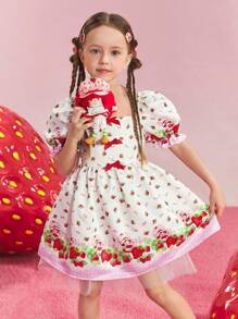Strawberry Shortcake X SHEIN Vestido corto de manga corta blanco con estampado de flores y fresas, dulce y con diseño de dibujos animados, para niñas jóvenes - Blanco - Ver 2