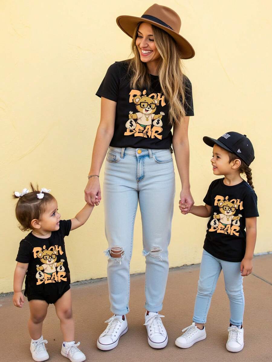 SHEIN 1pc Young Girls Bear & Slogan Graphic Short Sleeve T-Shirt, Personalized Summer Top (Family Matching Mommy And Me Sold Separately)