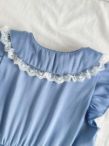 SHEIN Tween Girl Floral Ruffled Neck Cap Sleeve Pocket Dress, Cottage Style - Blue - View 4