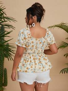 Flirla 大码女式黄色碎花腰带短袖衬衫 - 黃色 - 查看 2
