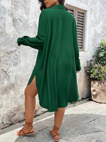 SHEIN VCAY Áo sơ mi dài tay đơn hàng thường ngày màu trơn cỡ lớn cho nữ - màu xanh lá - Xem 2