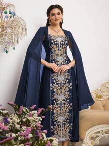 Al Najma Women's Floral Print Patchwork Ruffled Elegant Arabic Style Dress - Navy Blue - View 5