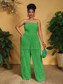 Slaydiva Bộ đồ liền thân ống rộng xếp ly không dây cỡ lớn cho nữ - màu xanh lá - Xem 4