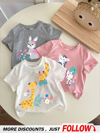 SHEIN Happikins 3pcs/Set Baby Girl Casual Cute Animal Print Short Sleeve Round Neck Tops, Suitable For Summer