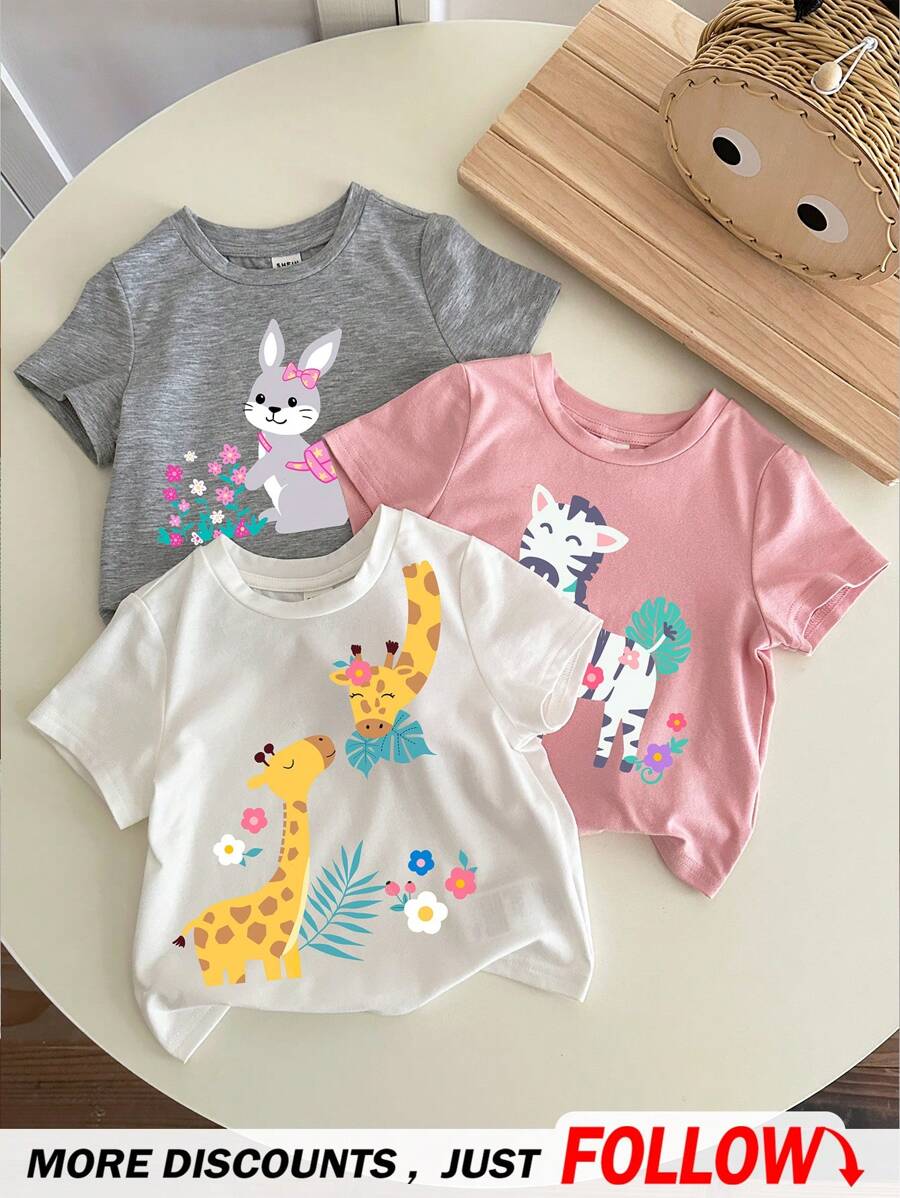 SHEIN 3 件套女婴休闲可爱动物印花短袖圆领上衣，适合夏季 - 彩色 - 查看 1