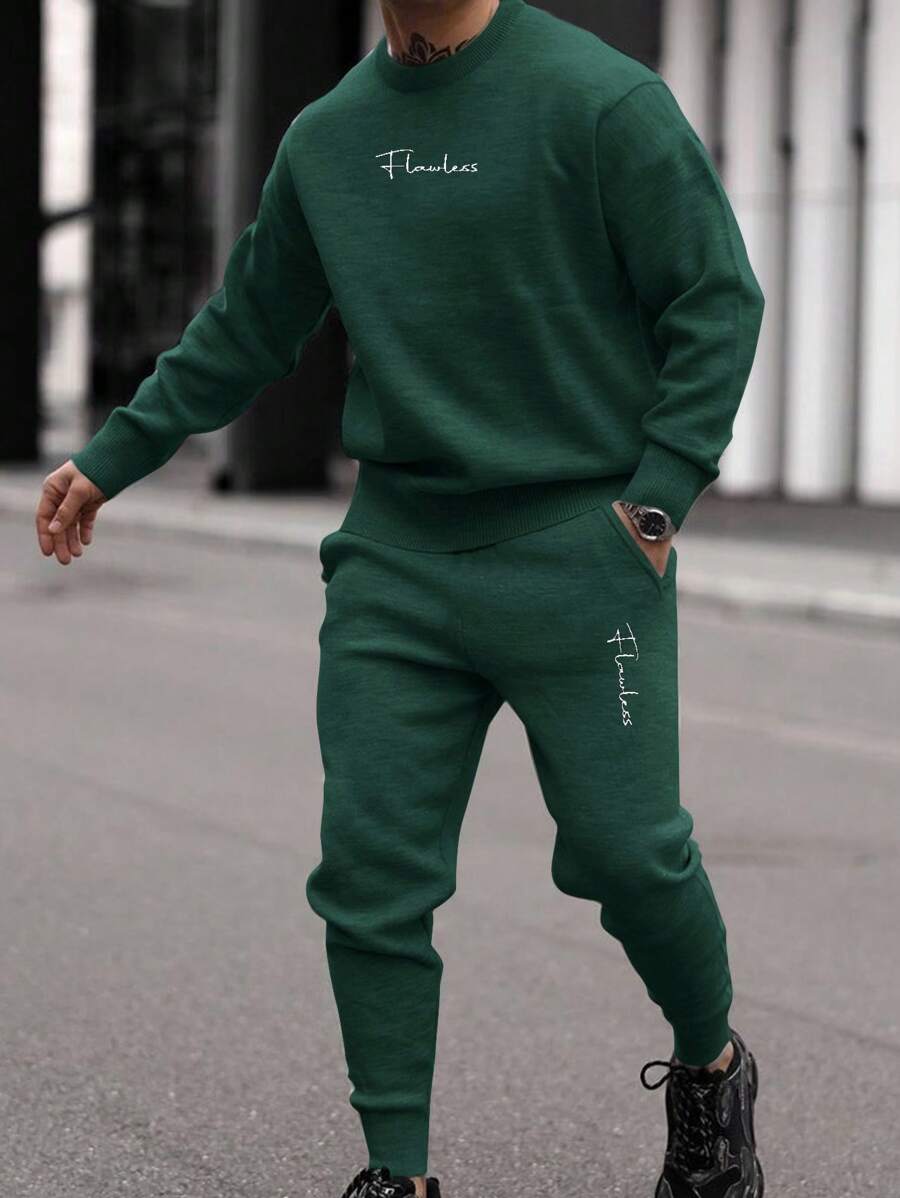 EURMUSE Bộ quần nỉ hai mảnh in chữ cotton và quần nỉ có túi xéo cho nam - Màu xanh lá cây đậm - Xem 1