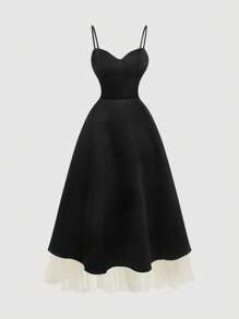 SHEIN MOD Women Black Spaghetti Strap Mesh Panel Midi Party Dress - Black - View 1