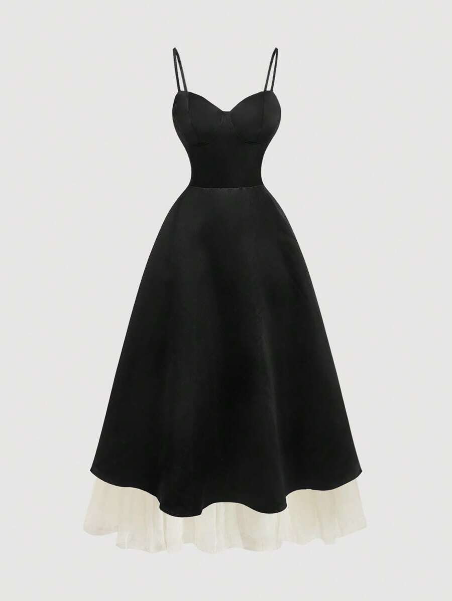 SHEIN MOD Women Black Spaghetti Strap Mesh Panel Midi Party Dress - Black - View 1