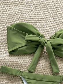 Swim Chiccia Springbreak 女士加大码纯色抹胸金属装饰露肩上衣和丁字裤 2 件套比基尼套装