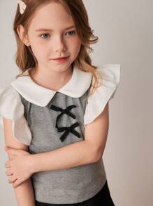 PrepCrw 年轻女孩春夏学院风撞色领/袖 T 恤和迷你裙套装 - 彩色 - 查看 5