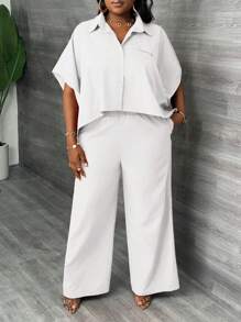 Slaydiva 2 件套大码女式纯色衬衫和裤子，优雅、日常和通勤 - 白色 - 查看 6