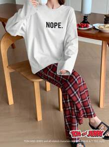TOM AND JERRY X DAZY Letter Graphic Print Loose Long Sleeve Top And Check Pattern Straight Loose Pajama Pants 2pcs Sleepwear Set - White - View 8