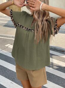 SHEIN Frenchy Women's Leopard Print Cutout Collar Summer Casual Short Sleeve Shirt Cheetah Green Christmas - Green - View 6