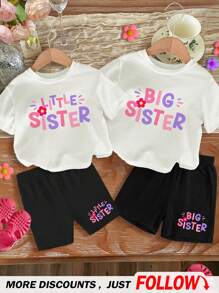 SHEIN 姐妹套装，女婴休闲简约短袖两件套服装适合春夏季，单独出售，95% 纯棉 - 彩色 - 查看 1