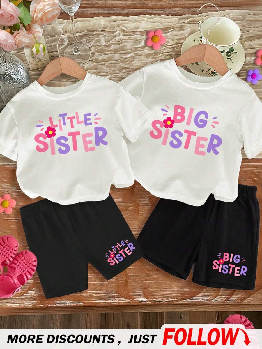 SHEIN 姐妹套装，女婴休闲简约短袖两件套服装适合春夏季，单独出售，95% 纯棉 - 彩色 - 查看 1