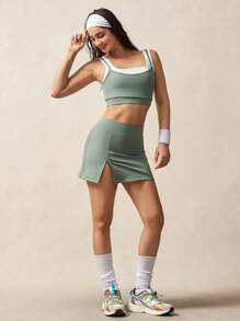 VARSIVA Women's Green Scoop Neck Sleeveless Crop Sports Tank Top: Double-Layered Knitted Design With Criss-Cross Detailing For Enhanced Comfort And Style - Green - View 5
