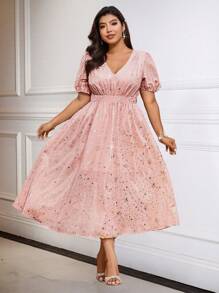 SHEIN Belle 大码 V 领金属光泽宽松优雅派对连衣裙 - 粉色 - 查看 1