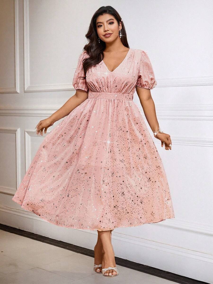 SHEIN Belle 大码 V 领金属光泽宽松优雅派对连衣裙 - 粉色 - 查看 1