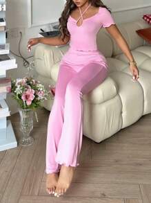 SweetSlumber Sweet Hollow Out Drawstring Neck Top & Pants Women Pajama Set Outfit - Pink - View 4