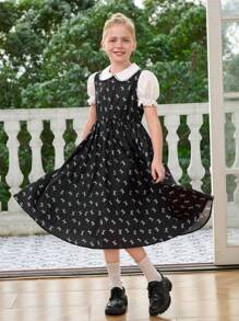 Tween Girl Dress - Fashionable Black Bow Print Dress With Waist Bag, Peter Pan Collar, Puff Sleeves, Casual Daily Wear For Summer - Black - View 1